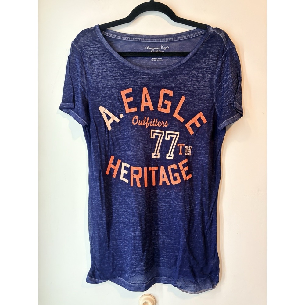American Eagle Heritage Graphic Tee Womens Large Blue Burnout Y2K‎ AEO